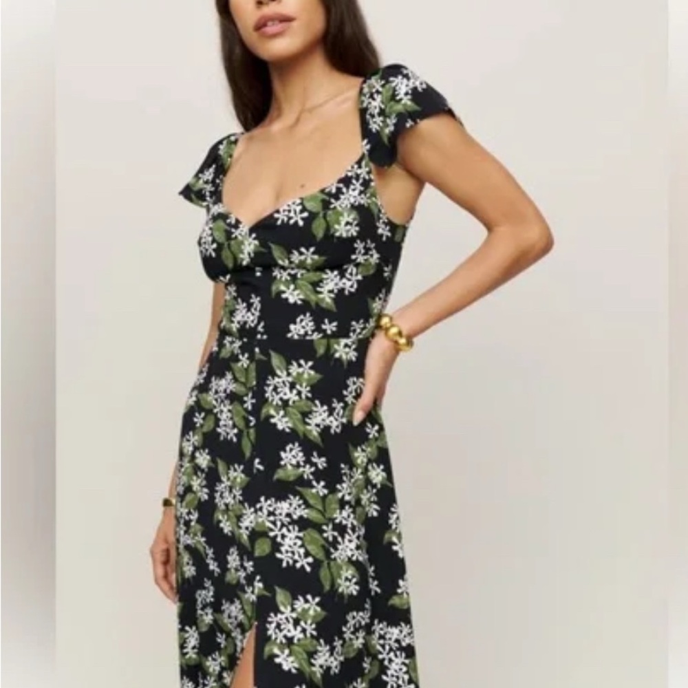 Reformation Black and Green Floral Midi Dress